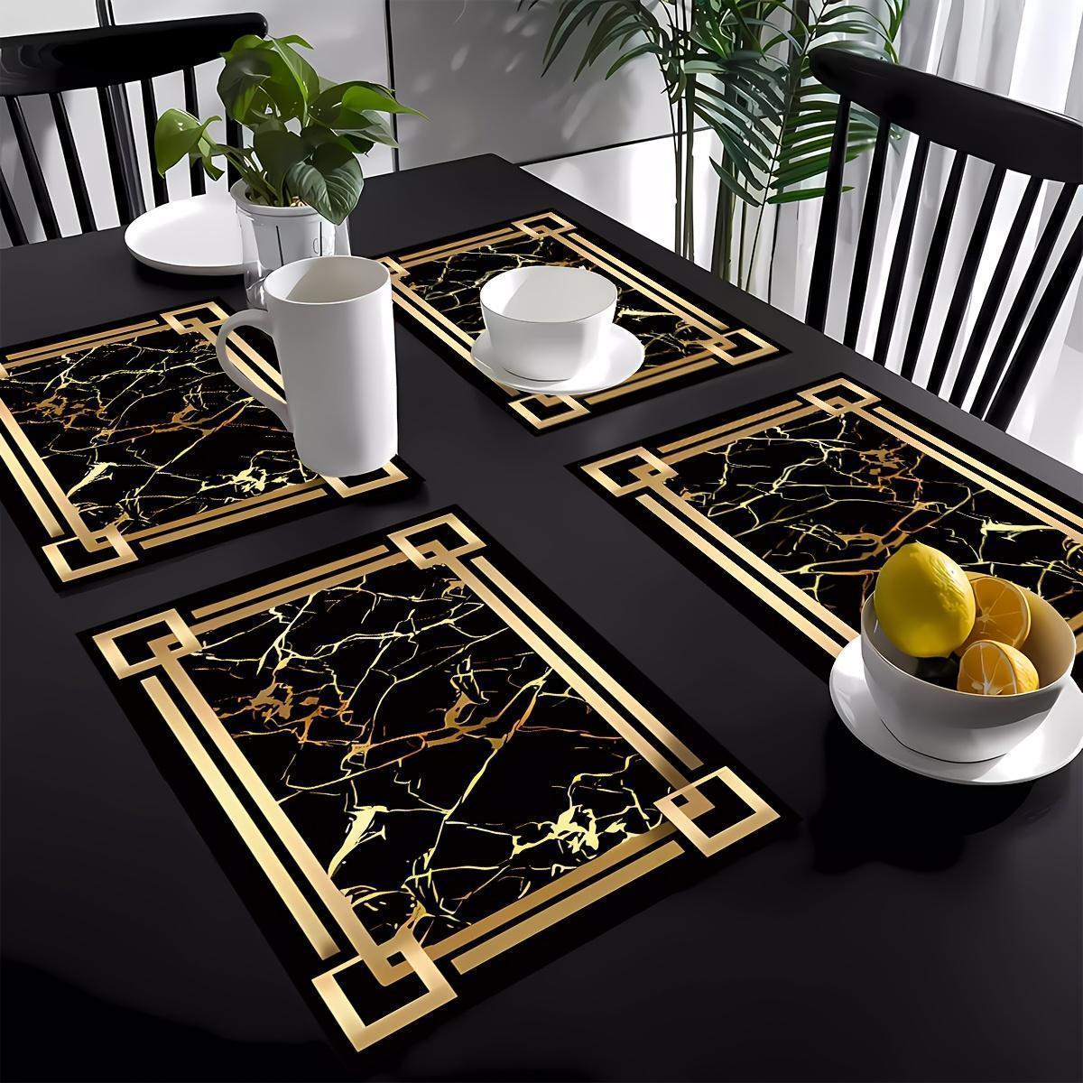 4pcs Black Golden Element Patterned Tableware Mats - Table Mats, Coasters, Placemats for Kitchen Dining Tables, Party Decoration