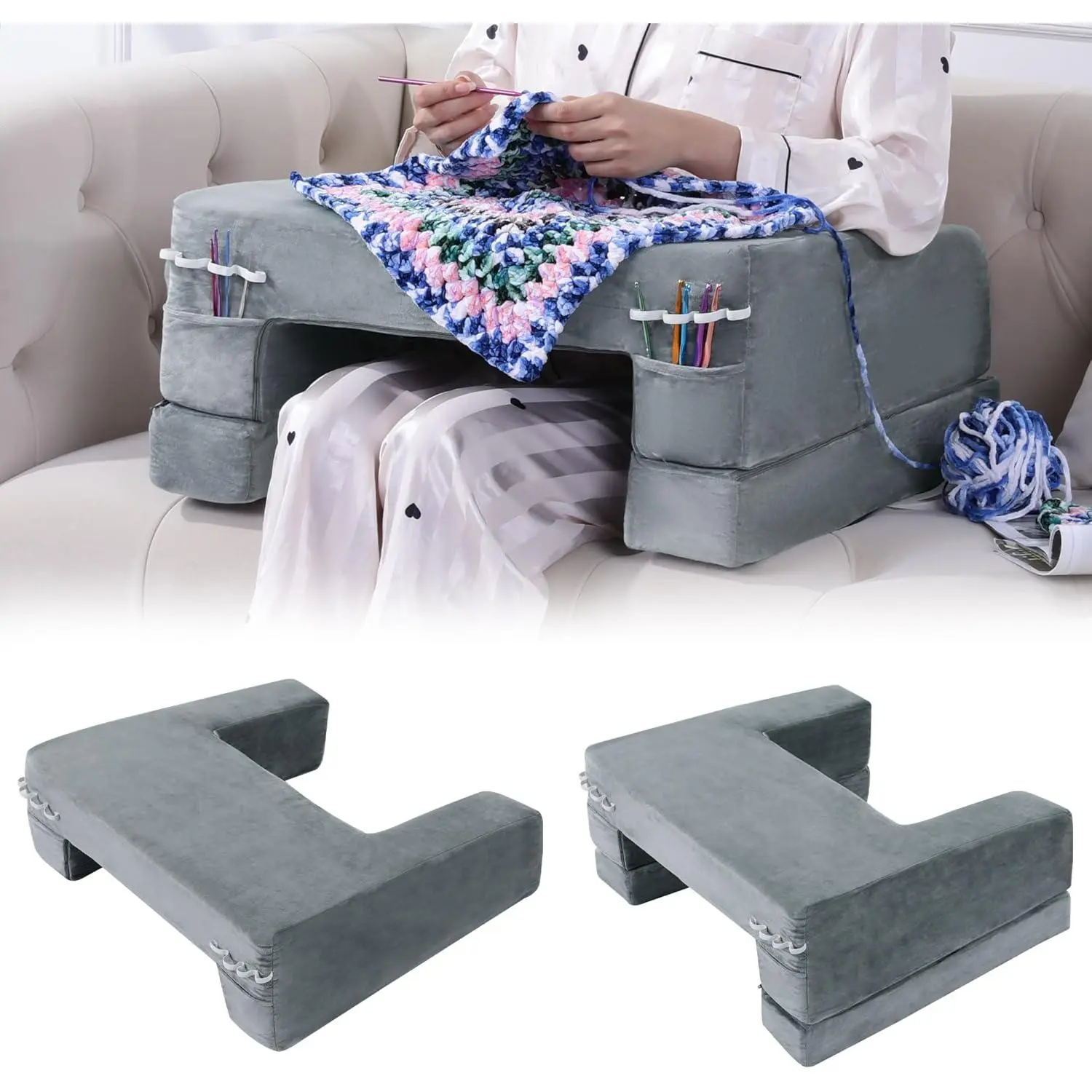 Adjustable Foam Crochet Pillow for Lap Support, Soft Velvet Reading & Gaming Pillow with Side Pocket and Elastic Band, Desk Pillow for Sofa Bed Floor, 2 Adjustable Heights, (Grey)