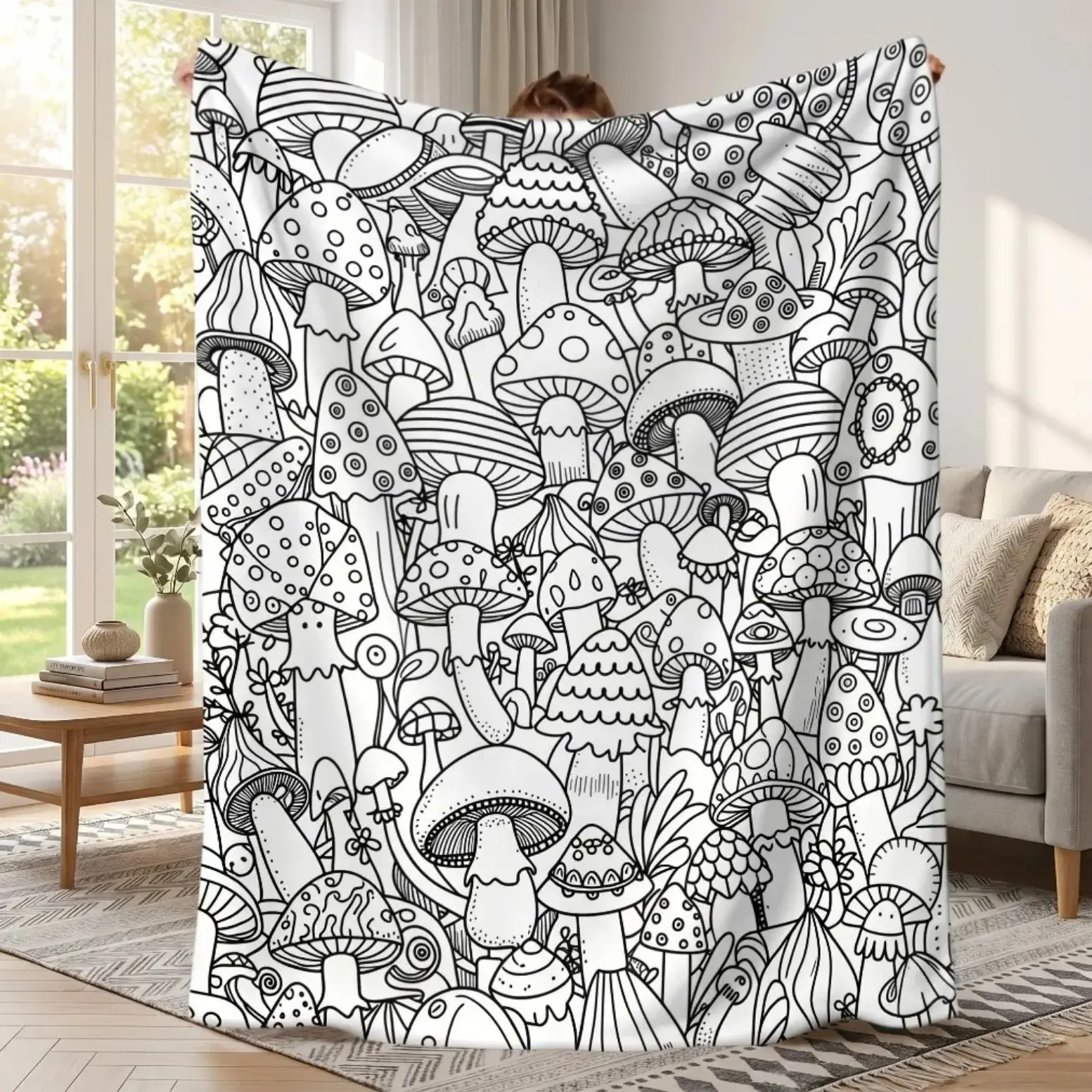 2D Flat Weave Mushroom Graffiti Coloring Blanket - Wrinkle Resistant, Durable, All Seasons Soft Plush Throw for Family DIY Craft Activity, Cottagecore Room Decor Gift, Geometric, Child
