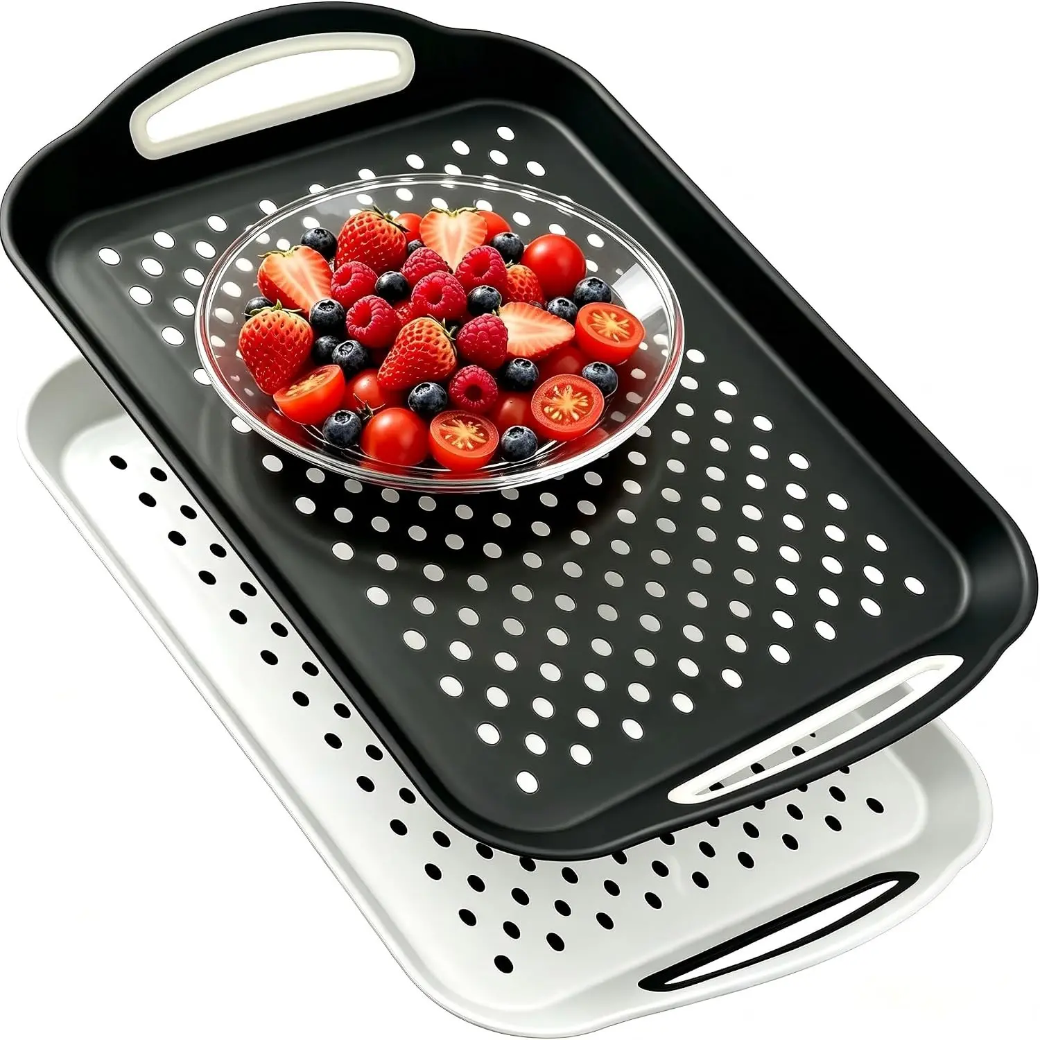2 Pack Large Nonslip Serving Trays with Handles, Lap Food Trays for Eating on Couch, Perfect for Breakfast Dinner Snack Fruit Beverage, Black & White