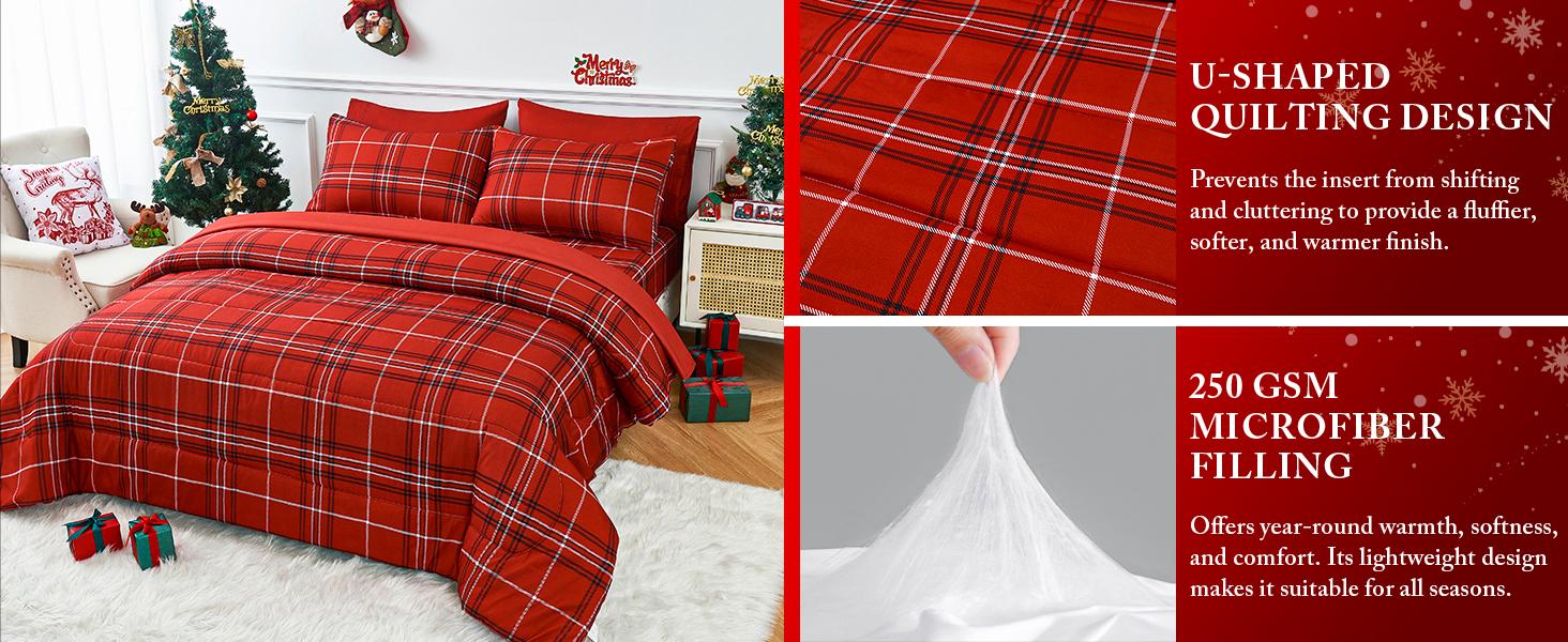 Christmas Comforter Set, 7 Pieces Bed in a Bag, Christmas Bedding Sets with Comforter, Flat Sheet, Fitted Sheet, 2 Embroidered Pillowcases, and 2 Printed Pillowcases, King