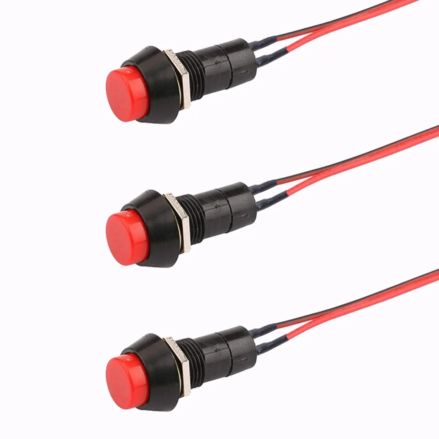 3-Pack Push Button Switches Set Pack - PBT Plastic, 12mm Mountable, 12mm/0.7" x 10mm/0.4" Base Size, Spherical Head, Pre-Wired Solder-Free, Single Pole, DC 12V 11A Power Control for DIY Enthusiasts, 15cm Cable (Camping & Hiking Tent Accessories), Momentar