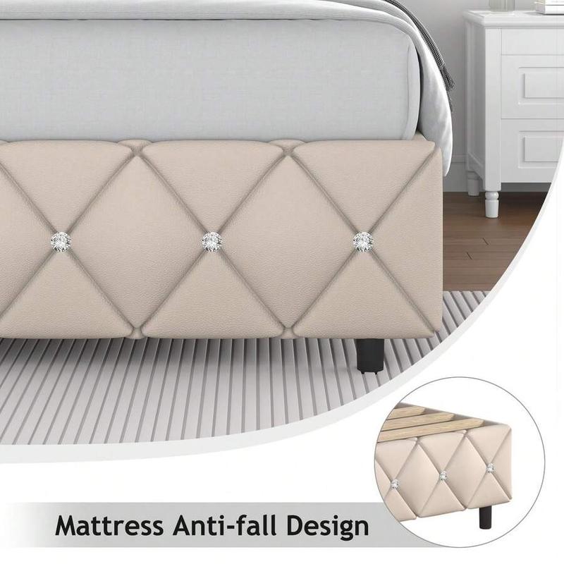 Romantic Luxury Upholstered Bed Frame with Diamond Headboard & Footboard Twin Full Queen Sizes Pearl White Beige Black Grey Pink Purple Green Modern Trendy Sturdy Anti-noise