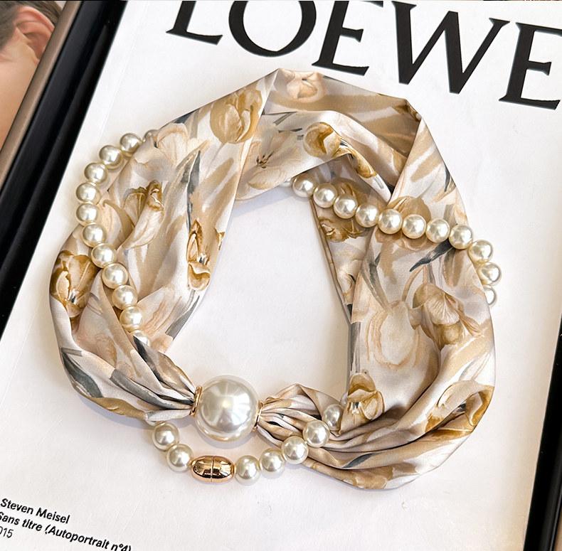 Boho Pearl Chain Scarf Necklace, Black White Rose Print Silk Scarf, Unique Neck Jewelry for Women Gift for Her Boho Pearl Chain Scarf Necklace, Black White Rose Print Silk Scarf, Unique Neck Jewelry for Women Gift for Her