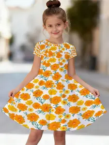 Girls' Orange Daisy Print Dress, Bright Summer Style, Soft & Stretchy, 3-10Y Kids Skater Dress for Beach & Play, Miami, Summer Fashion