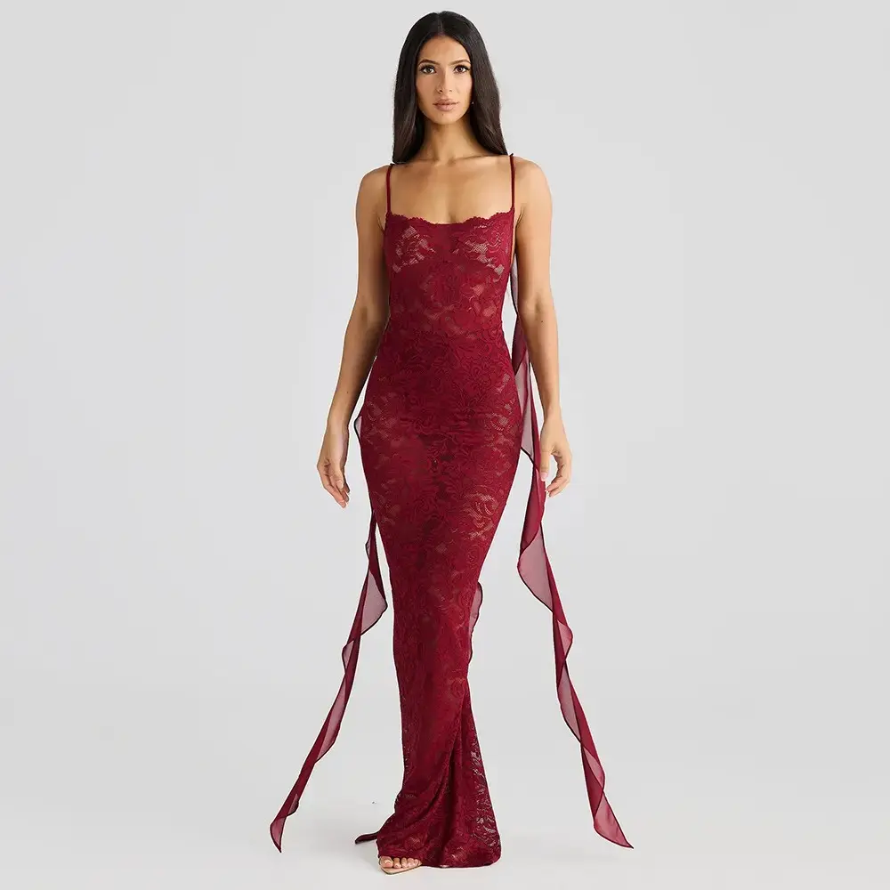 Lace See-through Long Dress Sexy Strap Backless Ribbon Train Dress