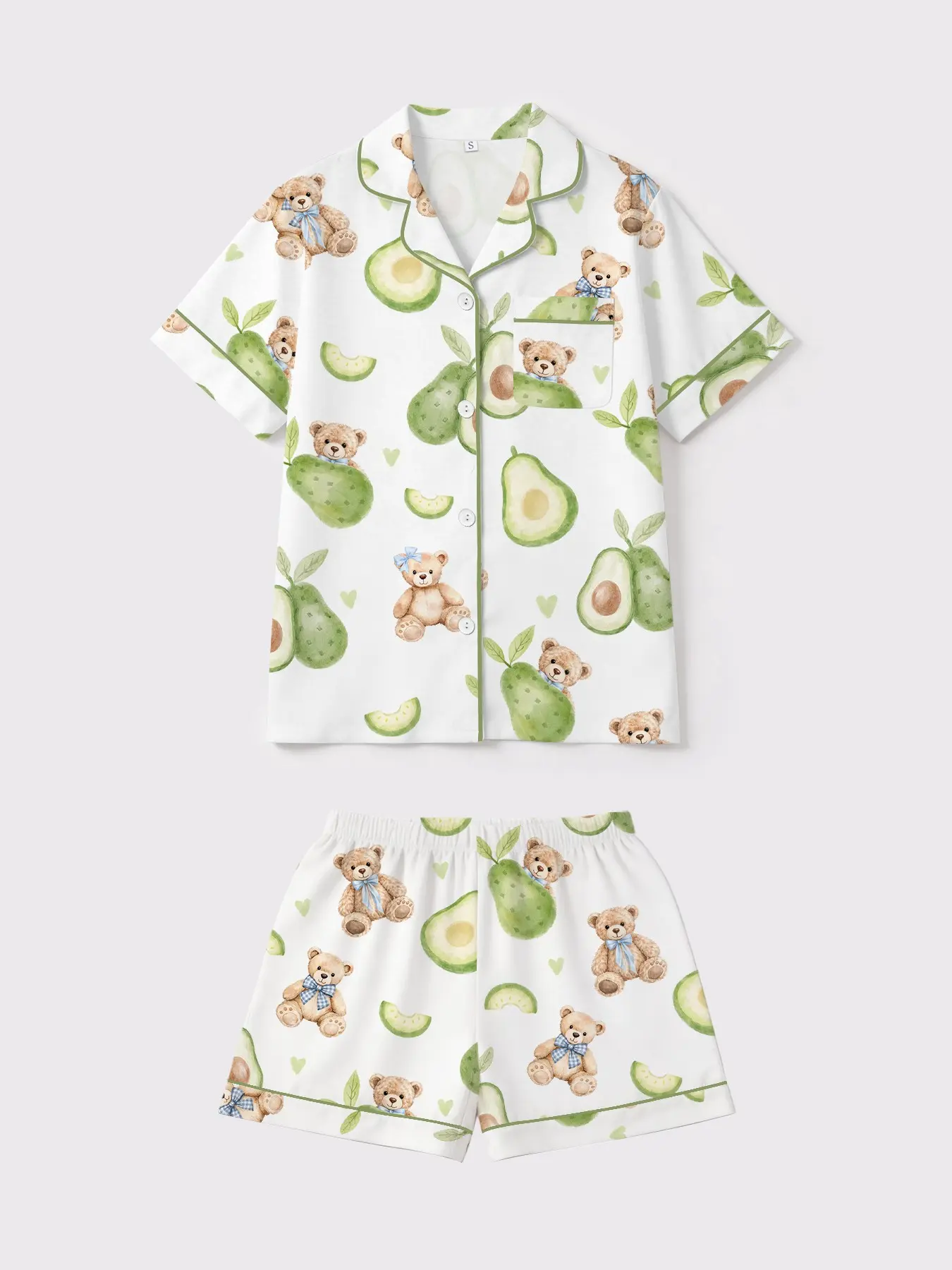 Women's Pajama Set, Soft Comfortable Sleepwear, Avocado Fleece Bear Print, Loose-Fitting, Casual Home Wear, Suitable for All Seasons