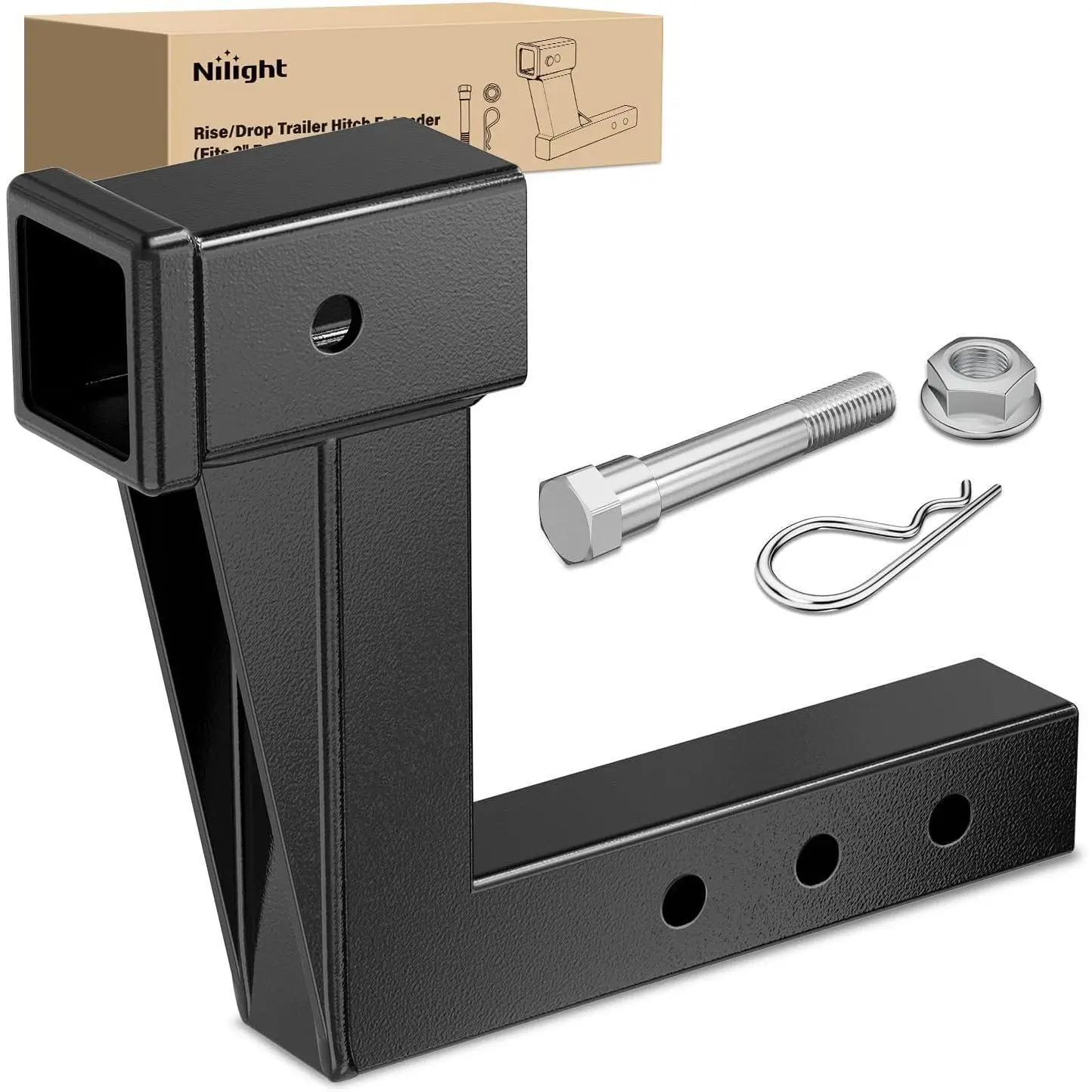 Nilight Adjustable Trailer Hitch Extension Riser for 2-Inch Receiver, 8-in Rise/Drop, 10,000 lbs Capacity, 4.7-in/6.7-in/8.6-in Extendable Lengths, Black Coated, 1 Additional Clip, Durable for Class I-VI Receivers & Daily-Operating Vehicles, Durability