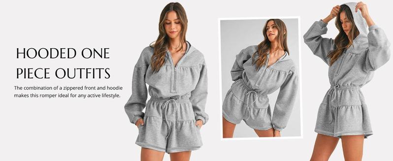 FMEYOA Womens Rompers Casual One Piece Outfits Half Zip Long Sleeve Hoodies Casual Shorts Drawstring Waist Jumpsuits