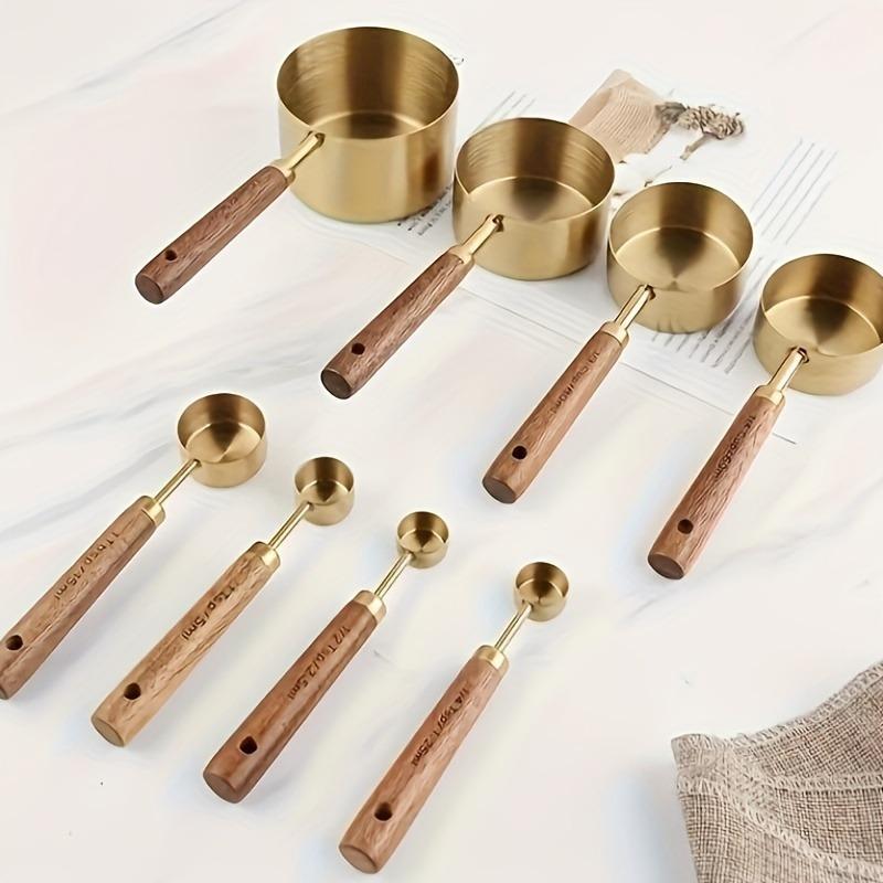 8 Pcs Measuring Spoon Measuring Cup Set with Wooden Handle,Space-saving Nesting Design,Suitable for Seasoning,Powder and Coffee Metering,Durable,Rust-proof,Comfortable Grip,Home Supplies