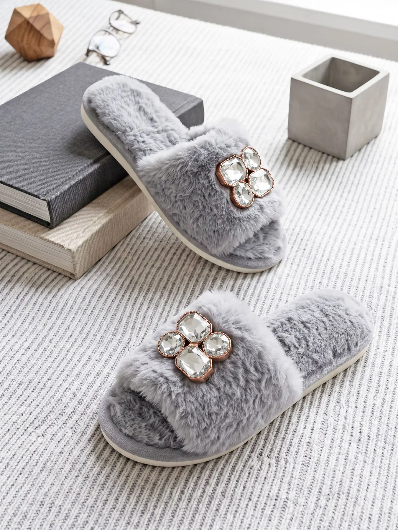 Women's Soft Warm Fuzzy Slippers, Sparkly Rhinestones, Indoor One-Step On, Fall & Winter, Casual Fabric, Medium Width, Gift Idea