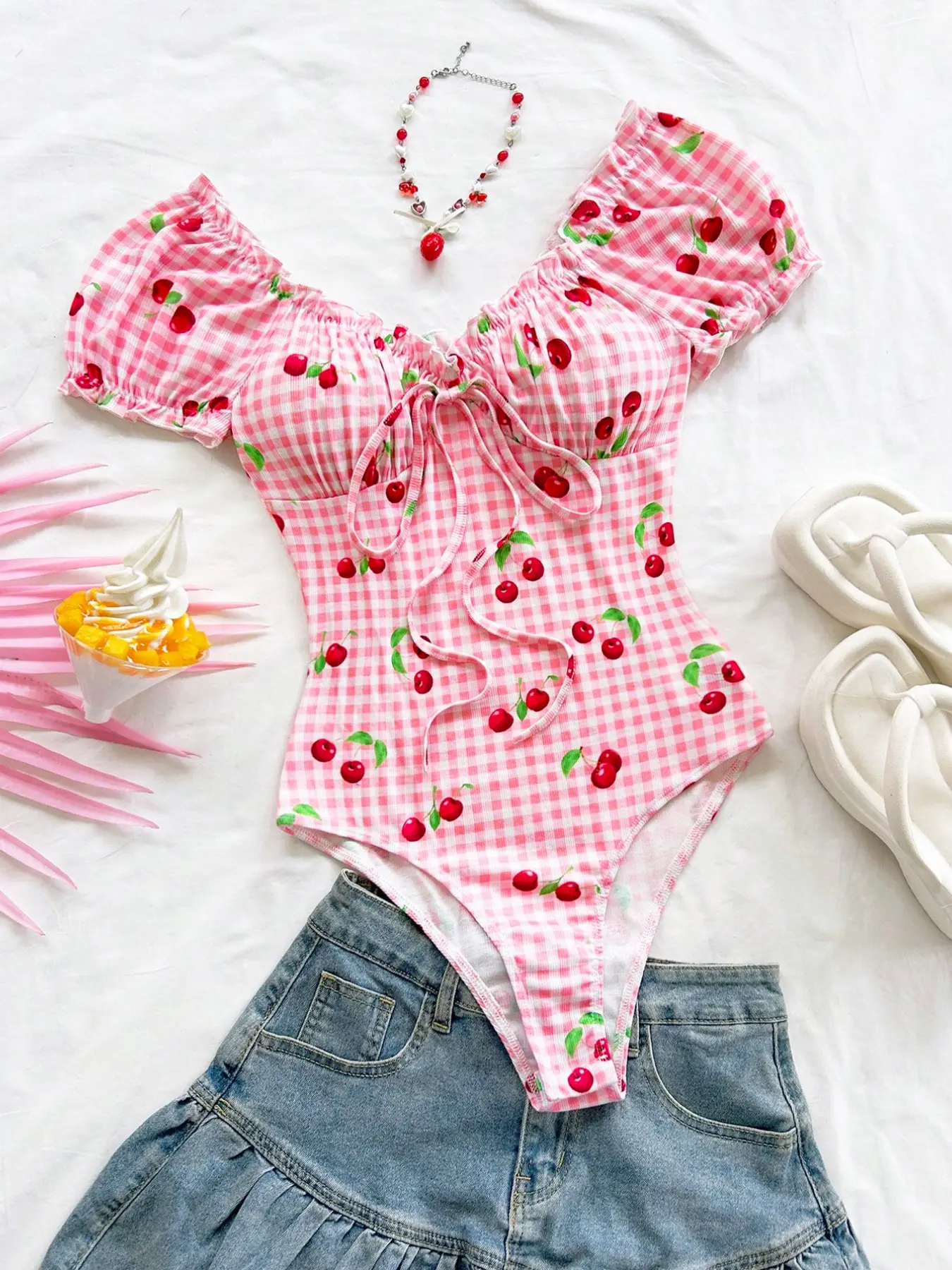 Sweet Spicy Cherry Plaid Romper, Bubble Sleeve V Neck Tie Waist Slim Fit Top, Single Piece, Stylish and Comfortable Clothing