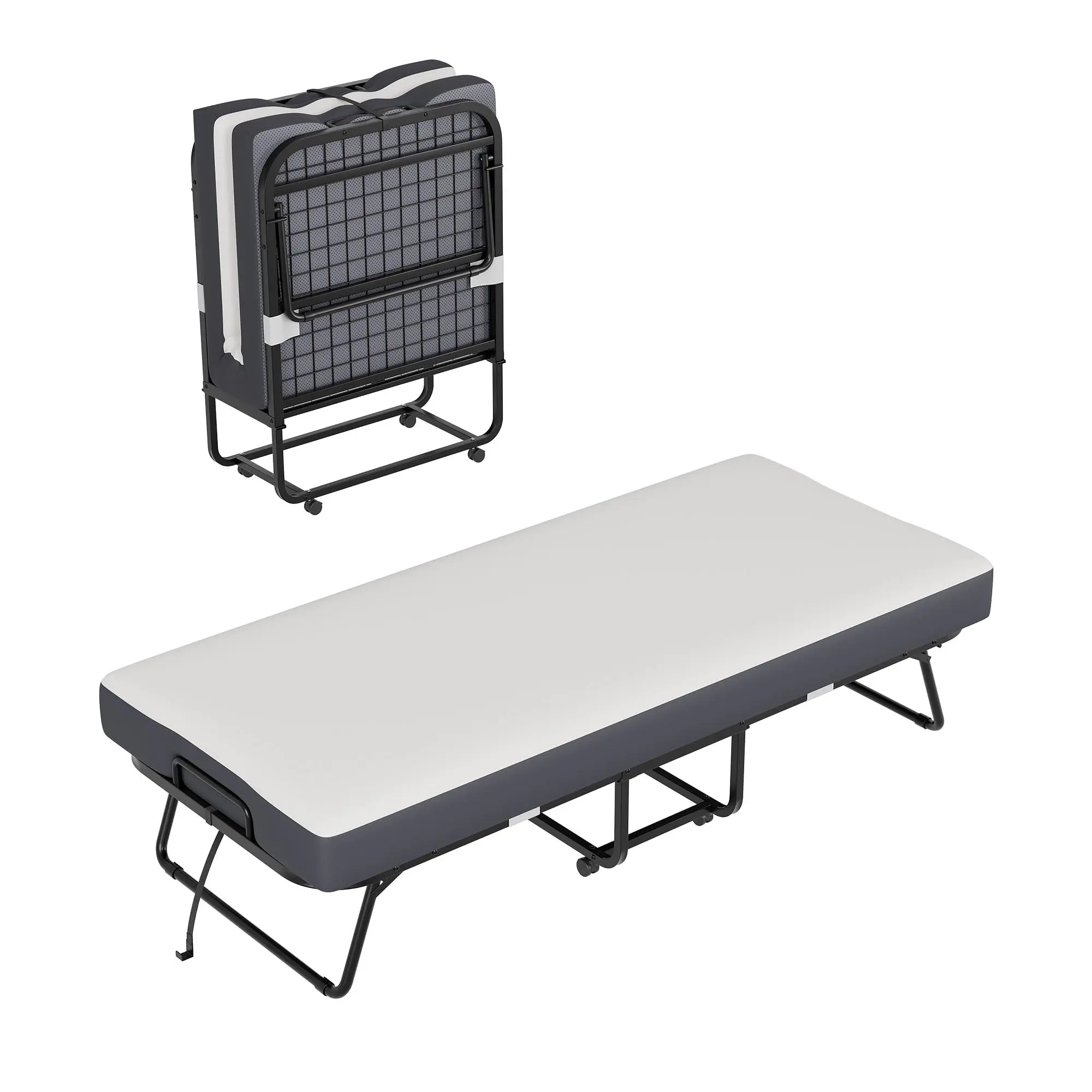 Folding Bed with Mattress, 75" x 45"/75" x 38"/75" x 31" Rollaway Bed with 5" Memory Foam Mattress for Adults, Portable Foldable Guest Bed with Metal Frame, Wide Twin Bed for Home Office, Space Saving