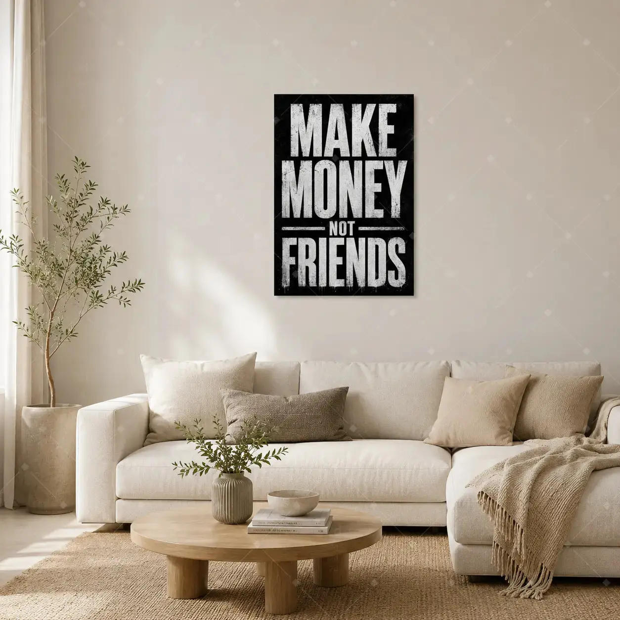 Trendy Decor Poster Print, Vintage Distressed Text Canvas Wall Art "MAKE MONEY NOT FRIENDS", Motivational Typography Painting For Office Bedroom Home Gym Studio Apartment Wall Decor, Available as Unframed Canvas Poster or Framed Canvas Wrap