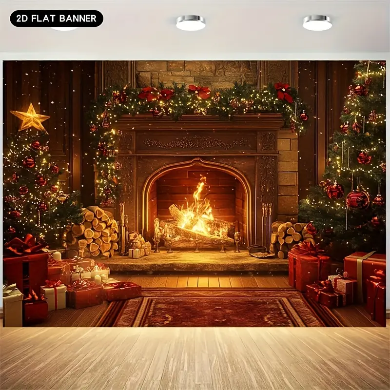 Christmas Fireplace Backdrop, Elegant Red And Gold Holiday Banner With Cozy Fireplace Design, Polyester Wall Decor For Christmas Party, Home Decoration, Gift Display And Winter Events