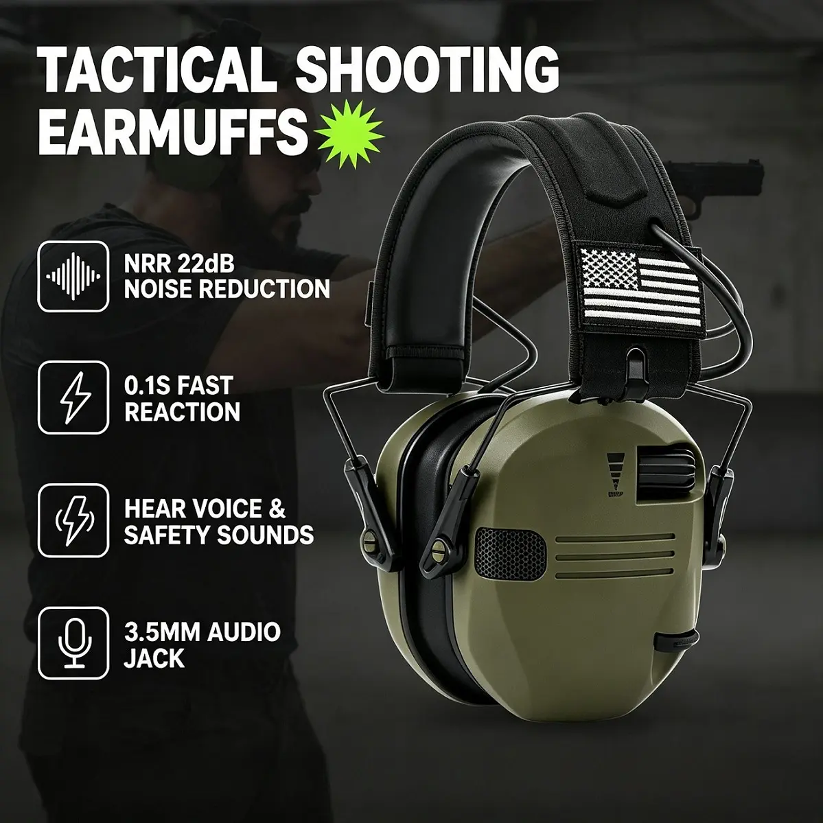Professional Tactical Sound-Enhancing Noise-Reducing Earmuffs, Active Noise Reduction Hearing Protection, Voice Enhancement, Wired Over-Ear, for Shooting Training/Outdoor Hunting/Airsoft CS Games, Outdoor Soundproof