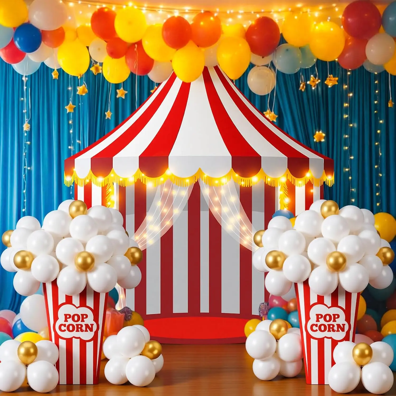 103 count Carnival Circus Party Decorations Set Includes Red White Circus Tent Backdrop Popcorn Boxes 100 DIY Popcorn Balloon Kit Carnival Theme Photo Background Birthday Party Decor