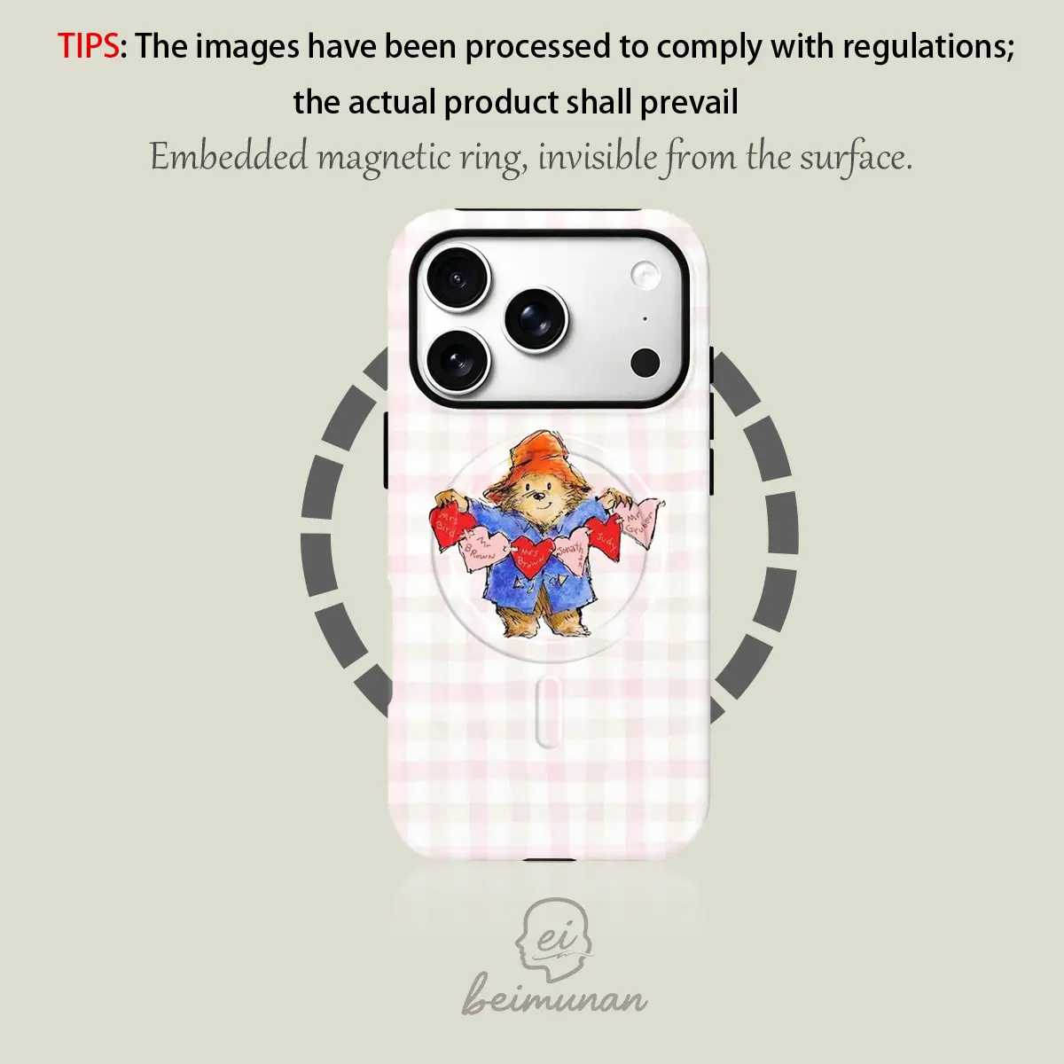 Paddington Bear heart-patterned checkered phone case, a durable 2-in-1 protective case, MagSafe compatible, suitable for iPhone 17/16/15/14/13/12/11 Pro Max/Plus/Pro. A simple and stylish phone case, the perfect choice for a holiday gift.