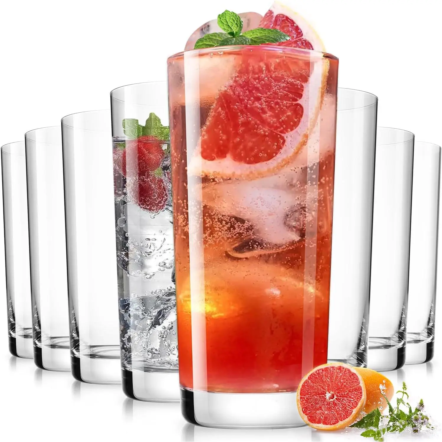 Drinking Water Glasses Set, Lead-Free Crystal Highball Glass, Tall Glass Cups for Cocktail Parties,Clear set of 8,16oz