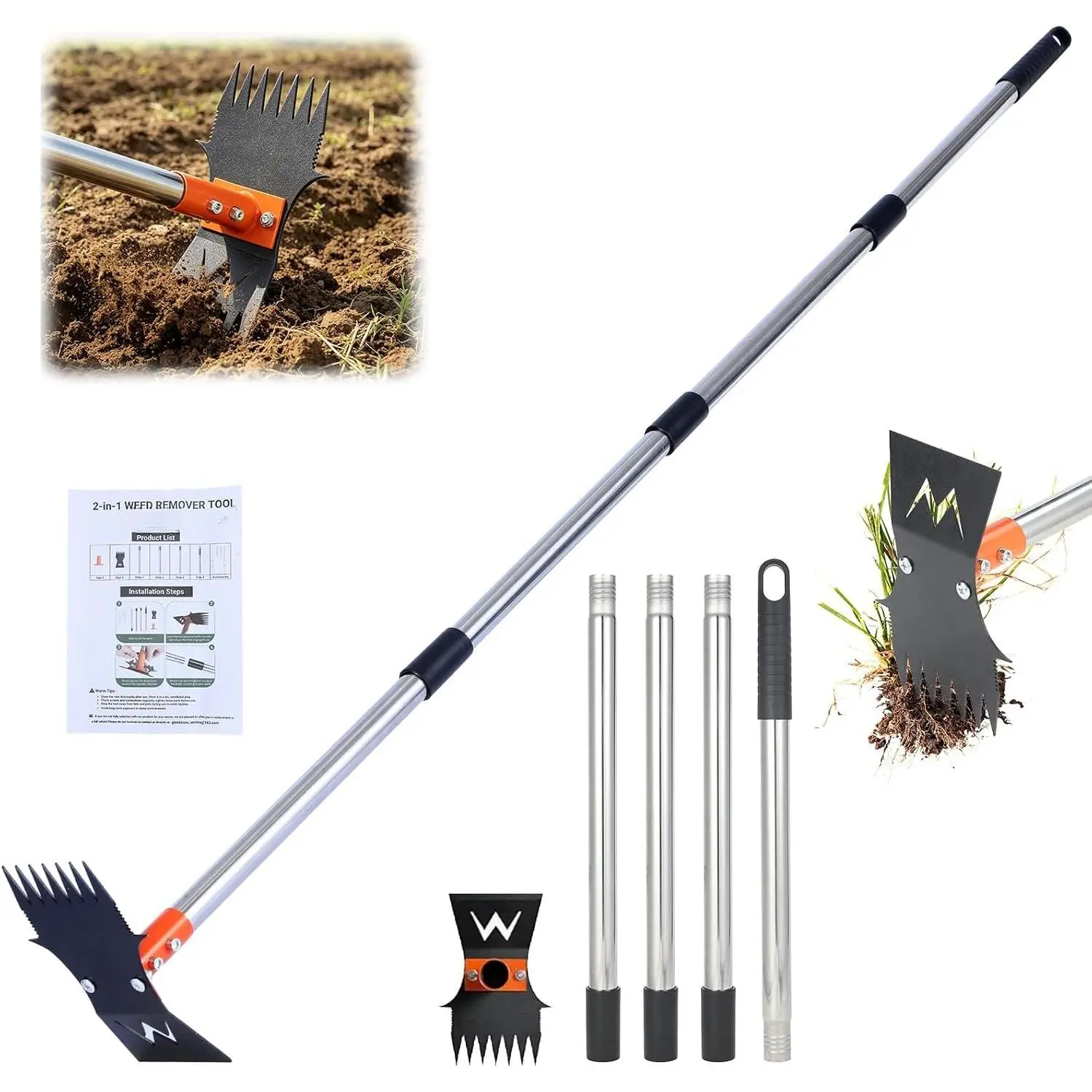 Weed Puller Tool, 60" Stand Up 2-in-1 Weed Rake & Garden Hoe | 7-Tine Heavy Duty, 60" Adjustable Handle, Cast Steel , Rust-Resistant, for Dandelion Crabgrass, Yard Lawn Garden
