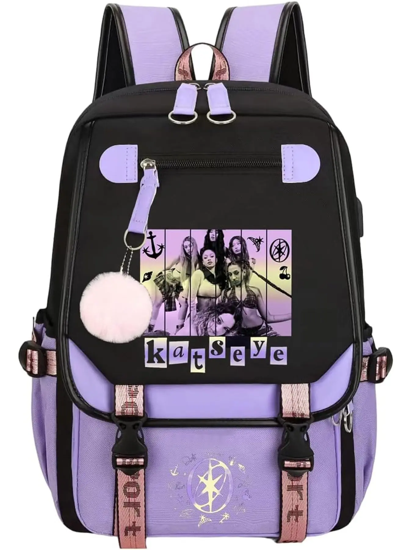 Fan Gear Aesthetic School Backpack | Cute Pink & Black Laptop Bag with Plush Keychain for Back to School 2026