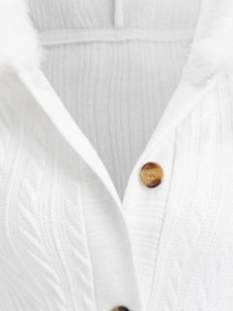 Women's Solid Color Fuzzy Trim Hooded Long Knitted Coat, Casual Long Sleeve Button Front Outerwear for Fall & Winter, Ladies Clothes for Daily Wear