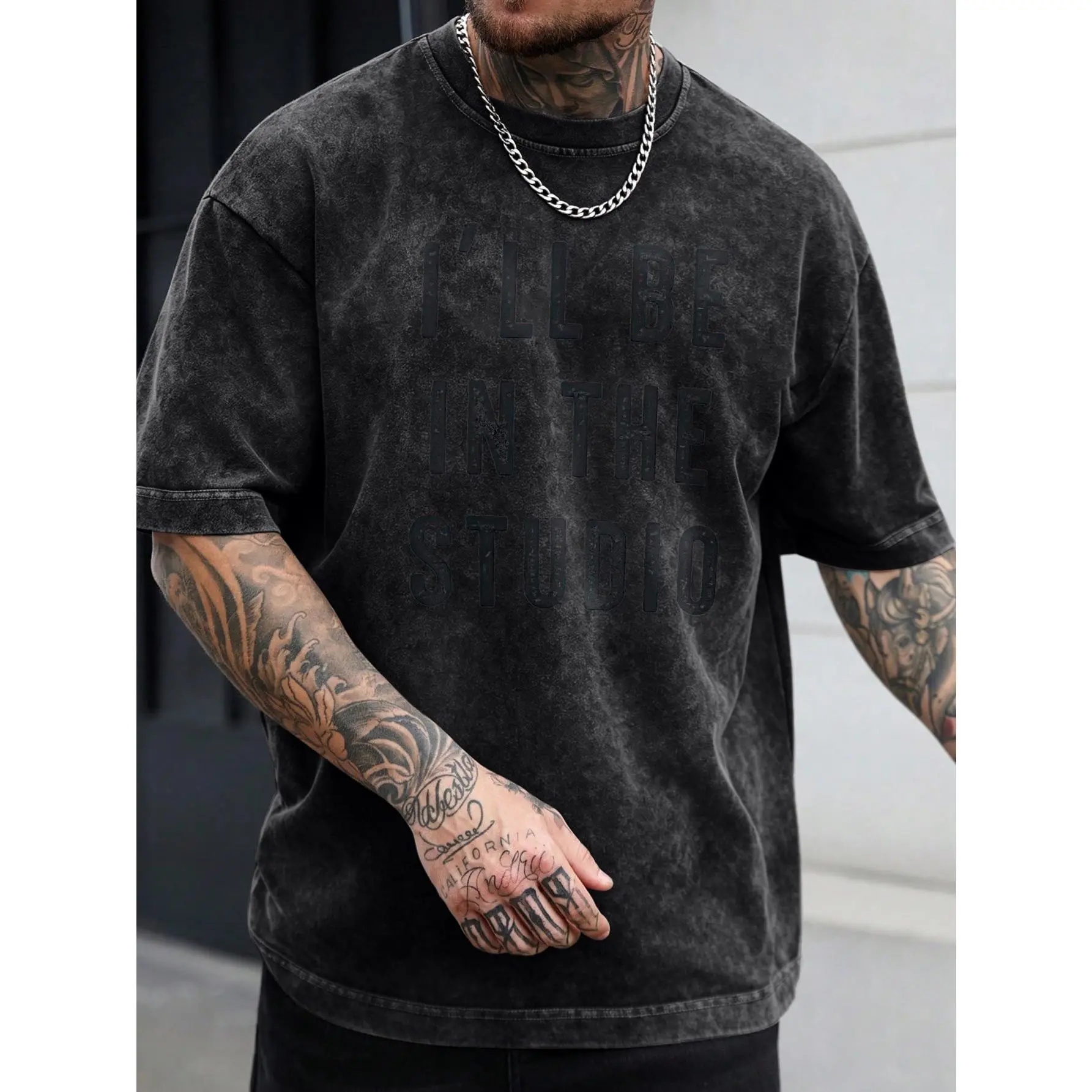 Men's Vintage Heavyweight Pure Cotton Washed Distressed Solid Black Basic Tee - Casual Round Neck Short Sleeve Tshirt, Menswear Top