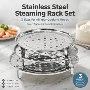 3Pcs Stainless Steel Steaming Racks. Heat-resistant round design with support legs, perfect for steaming vegetables, dumplings and using with pressure cookers.
