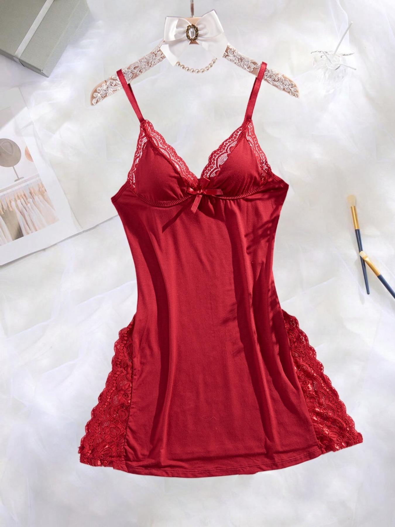 Women's Contrast Lace Bow Decor Split Thigh Cami Nightdress Loungewear Nightwear, Comfy Solid Color V Neck Sleeveless Nightgown, Soft Comfortable Sleep Dress for Women