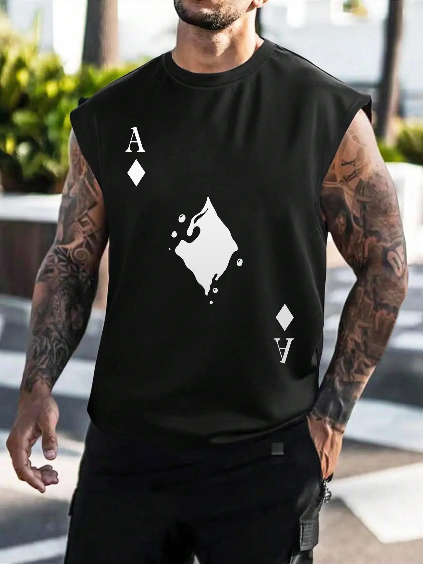 Men's Playing Card Print Round Neck Sleep Tank Top, Casual Soft Comfortable Regular Fit Sleeveless Sleep Top for All Seasons, Menswear Loungewear for Daily Wear
