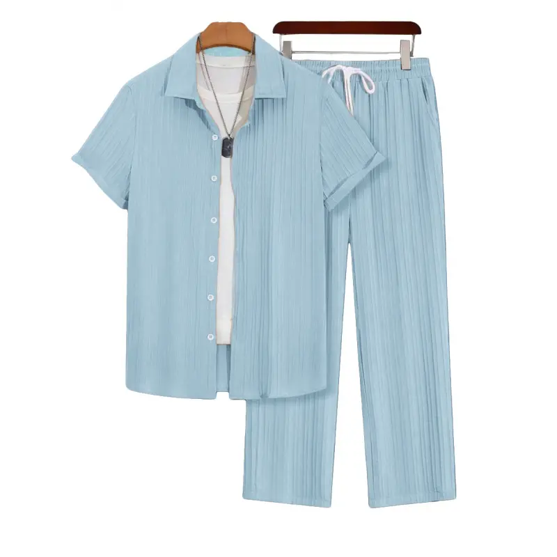 Men's Big & Tall 2-Piece Polyester Knit Matching Set - Loose Fitting Short Sleeve Button-Down Striped Shirt, Long Elastic Trouser, Business Casual Outfit, All Seasons, Machine Washable, Slight Stretch, Tropical
