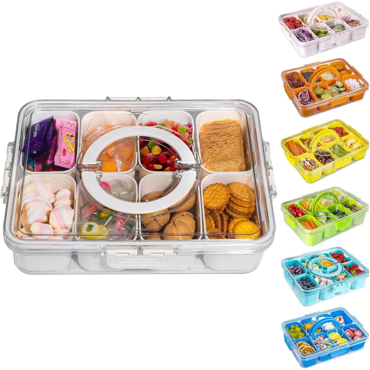 Kitchen Detachable Divided Snack Serving Tray with Lid and Handle - Portable Snackle Box Charcuterie Container Organizer for Candy, Fruits, Nuts (1Pack, White)