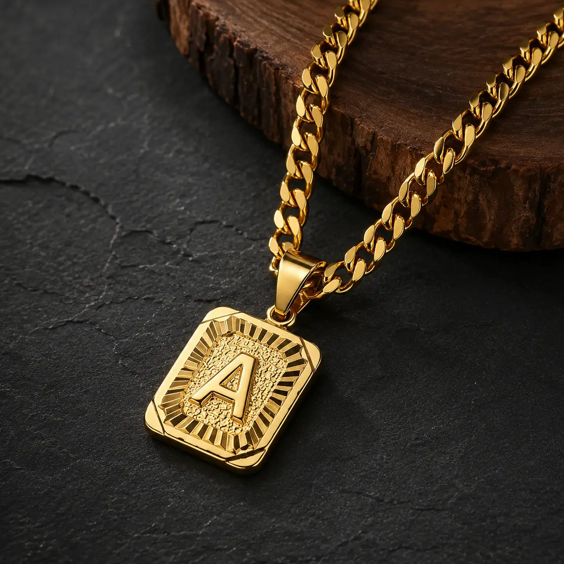 Unisex 18K Gold-Plated Rectangular Alphabet Letter Necklace - A-Z Personalized Pendants, Stainless Steel Cuban Necklace Chain, Costume Jewelry Gift