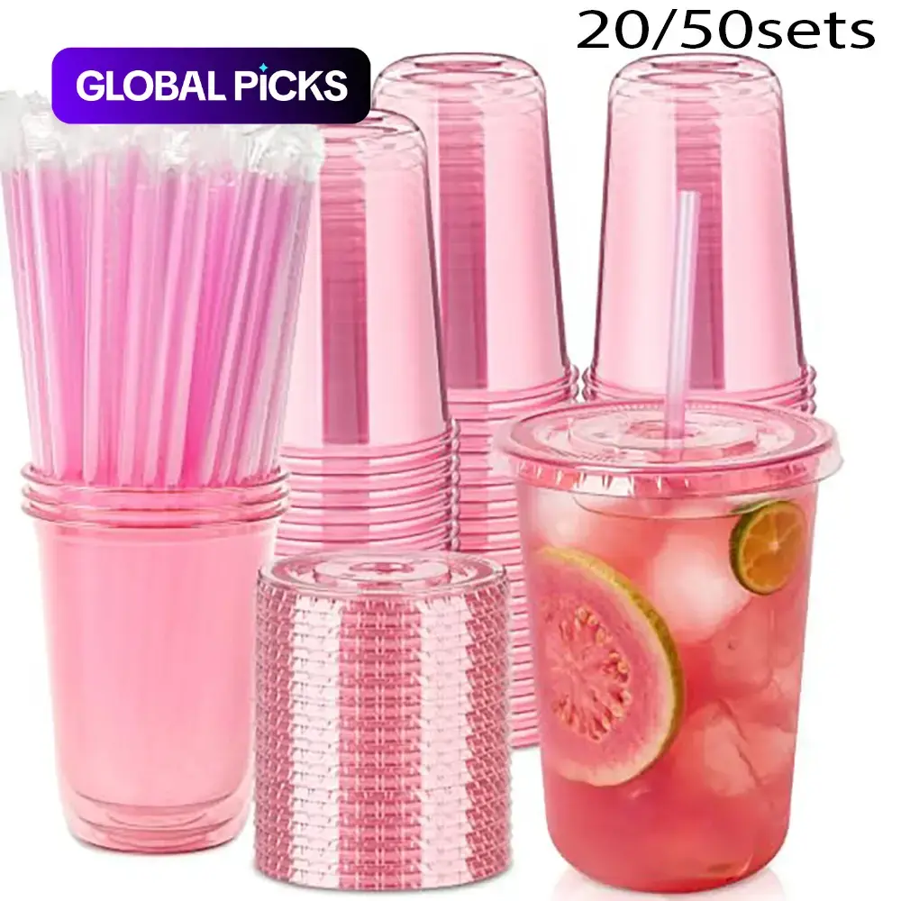 20/50 Sets 16oz Plastic Party Cups with Lids and Straws, Disposable Iced Coffee Cups, Round Bottom Drinking Cups