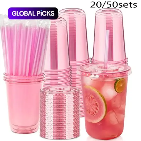 20/50 Sets 16oz Plastic Party Cups with Lids and Straws, Disposable Iced Coffee Cups, Round Bottom Drinking Cups #GLOBAL PICKS
