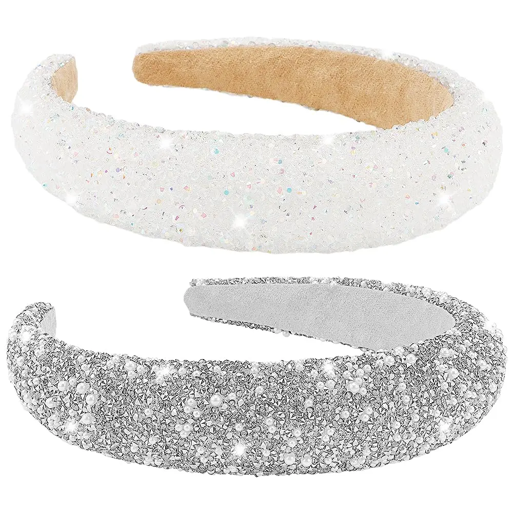 2 Pack Rhinestone Headband for Women Girls, Glitter Sequin Beaded Pearls Padded Headbands for Women Prom Wedding Sparkly Hair Bling Birthday Hair Accessories (Silver&White)