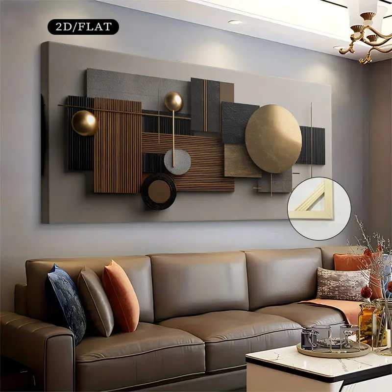 2D painting, 1 piece framed modern wall art, size 19.68inch x 39.37inch or 50cm x 100cm, perfect for home decoration. This canvas features a realistic and stylish mural design, including gold, black, and brown abstract geometric shapes