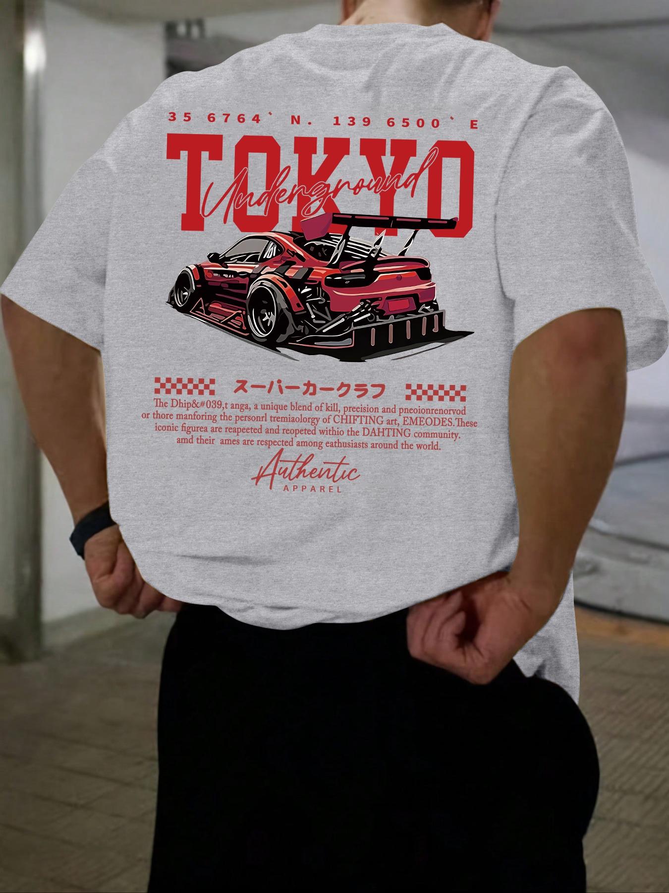 Men's Regular Fit Car & Letter Print Round Neck Tee, Street Fashion Casual Short Sleeve T-shirt for Daily Wear, Men's Top for All Seasons, Tropical, Streetwear