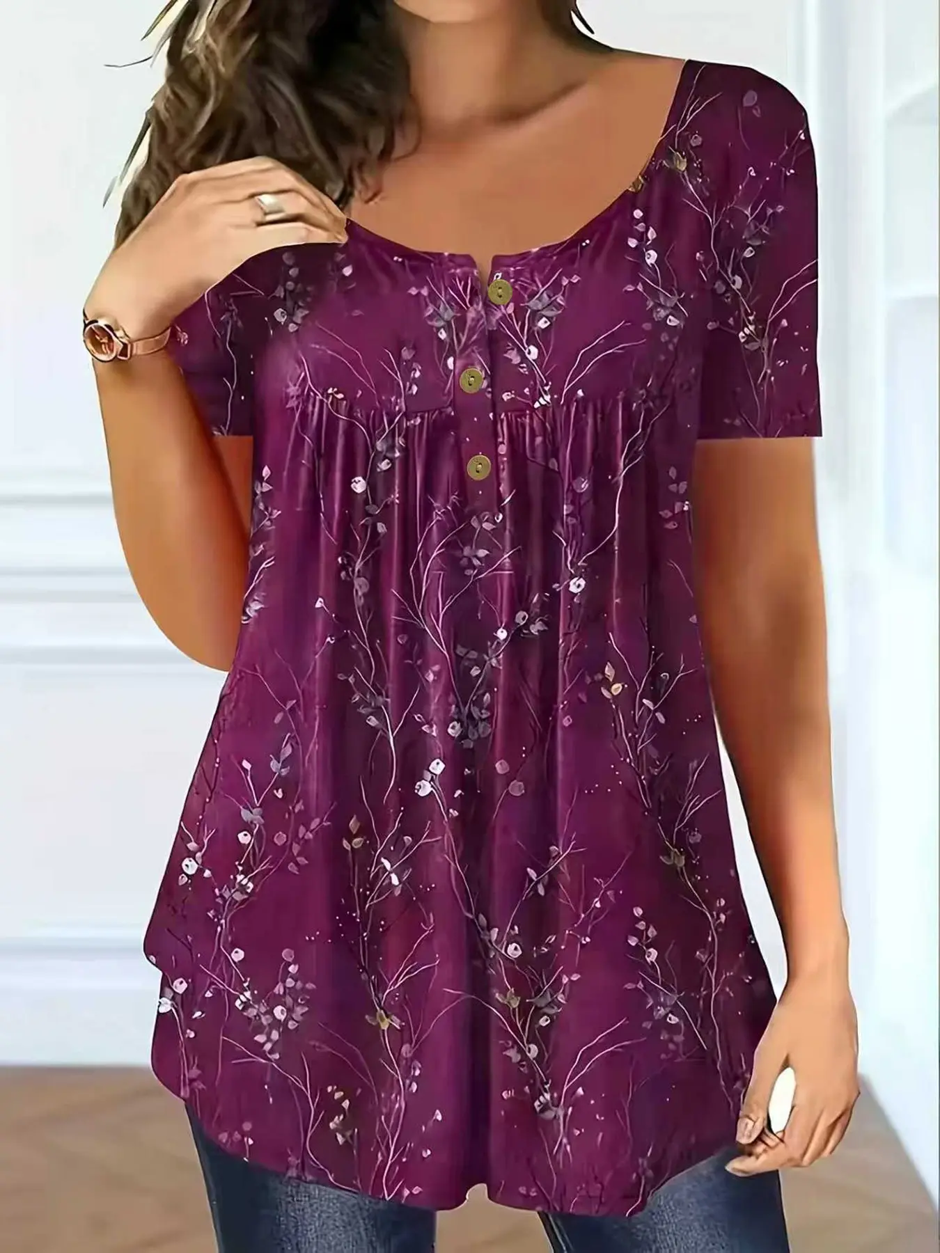 New Arrival Floral Branch Print Button Front Pleated Summer Women's Plus Size Aesthetic Fashion Short Sleeve Top Blouse, Elegant Loose-Fitting Clothing, Elegance