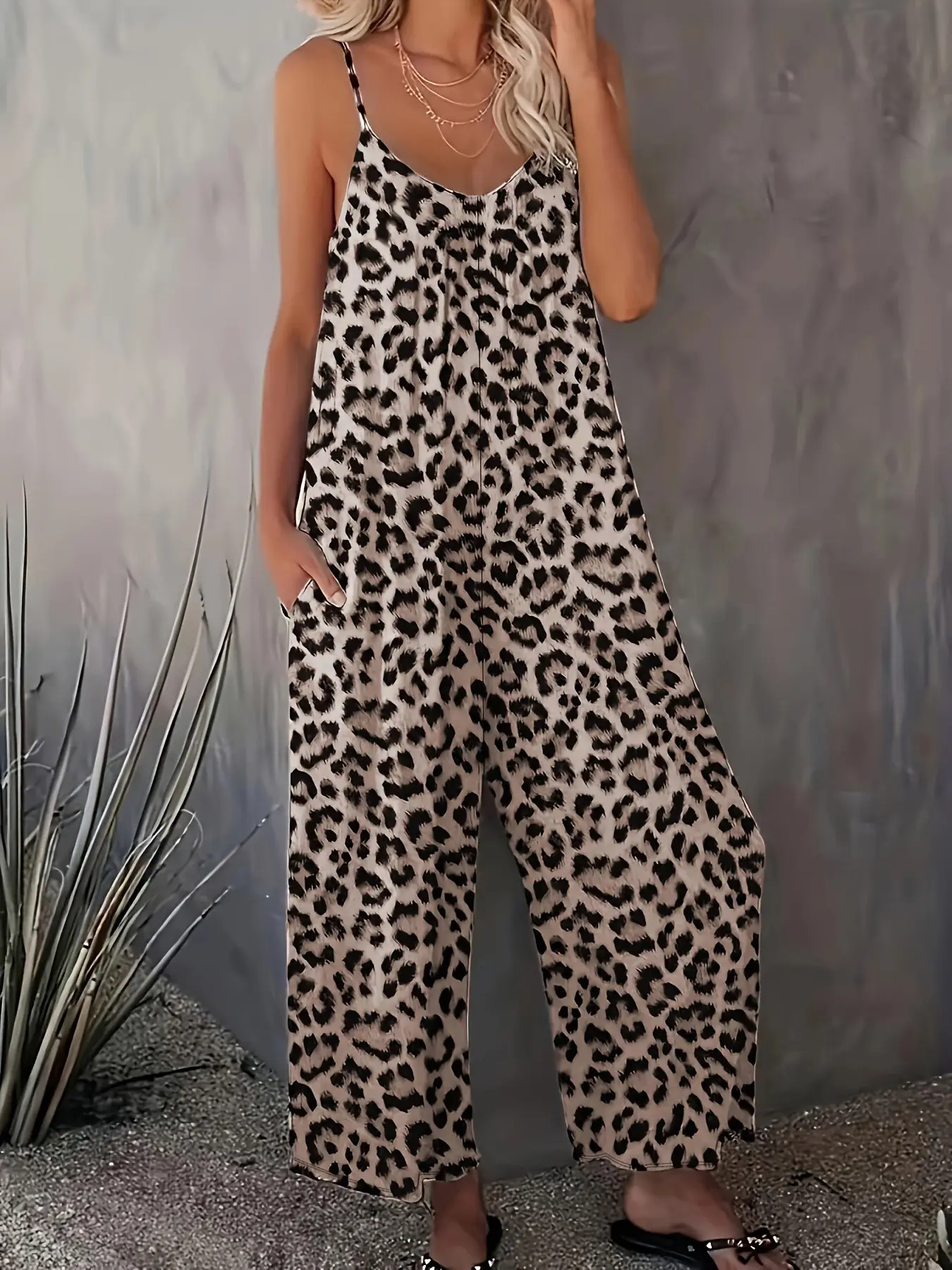 2026 Leopard Print Spaghetti Strap Jumpsuit, Loose Wide Leg Casual Romper, Functional Pockets, Daily Loungewear, Beach Vacation Ootd