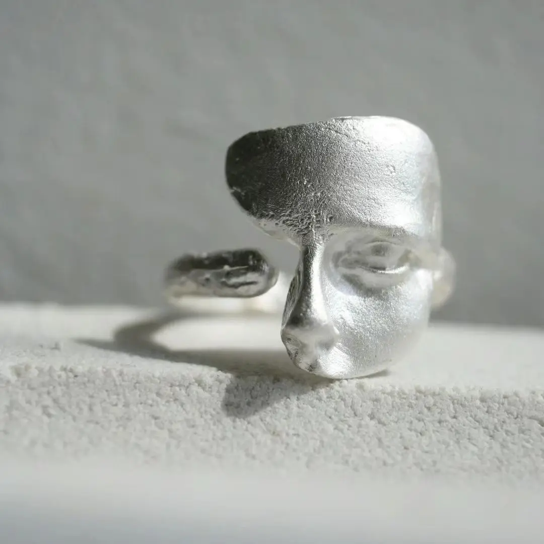 Unisex Handcrafted Silver Matte Face Mask Open Ring - Retro Burn-White Texture, Adjustable, Niche High-End Personality, Copper Metal Costume Jewelry Ring, Unisex Wear