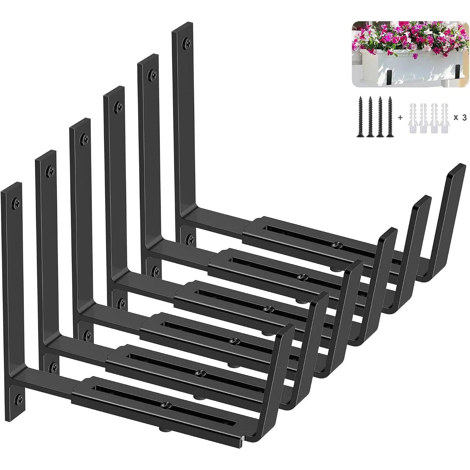 6 Pack Adjustable Planter Box Brackets (6 to 12.5 in), Universal Window Box Brackets, Heavy Duty Iron Flower Box Wall Mounting Hooks for Balcony, Fences, Patio, and Garden - Black