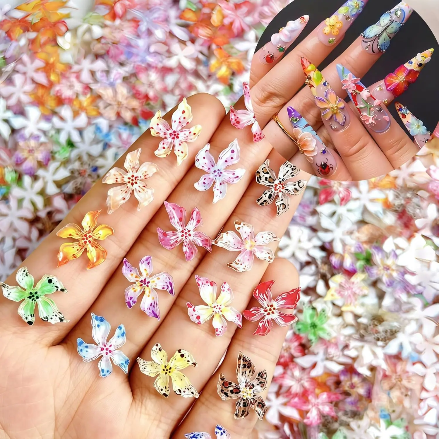 100PCS Flower Nail Art Charms 3D Hawaii Flowers Nail Rhinestones Hibiscus Floral Nail Gems 3D Mixed Colorful Flower Nail Diamonds Spring Summer Nail Jewelry Nail Decor for Women Acrylic Nail Supplies