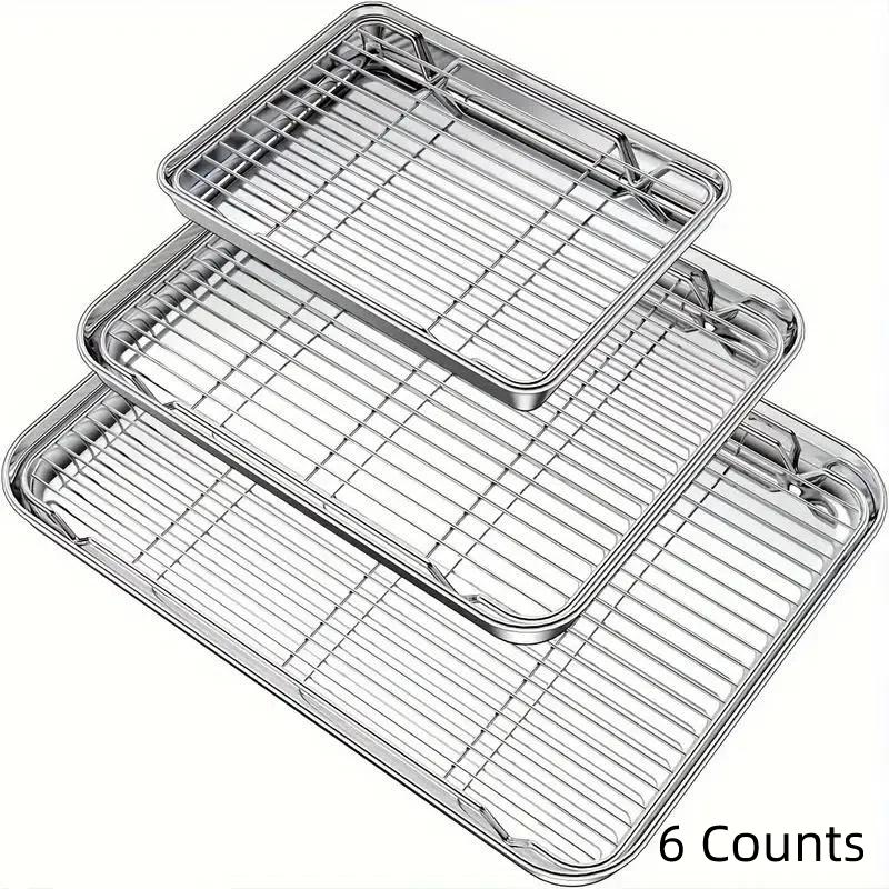 Stainless Steel Baking Sheet & Rack Set, 6 Counts/set Including 3 Versatile Oven Trays & 3 Cooling Racks, Easy To Clean, Food-safe Bakeware Set