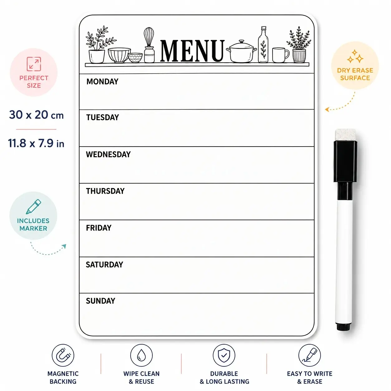 Fridge Whiteboard Menu Planner Sticker with Erasable Marker, Dry Erase Weekly Meal Board, Kitchen Grocery Notes Organizer, Meal Planner For Fridge