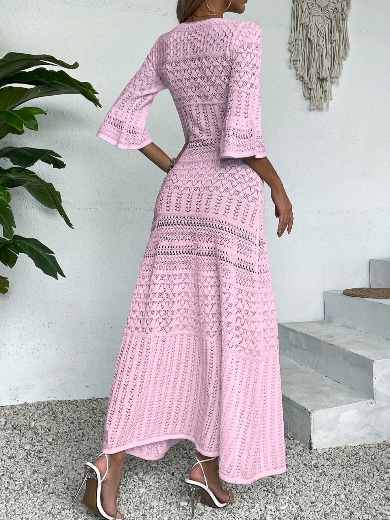 Elegant V-Neck Knit Dress, Hollow Out Design, Casual Fitted Long Skirt, Spring & Summer Beach Vacation Wear, Random Pattern, Lady Womenswear