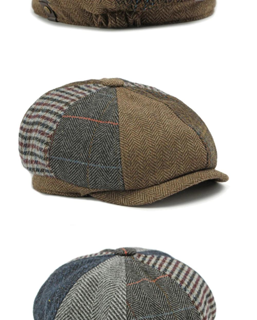 HT4612 Beret Cap Men Women Spring Autumn Wool Beret Hat Patchwork Plaid Ivy Octagonal Flat Cap Male Female Artist Painter Berets