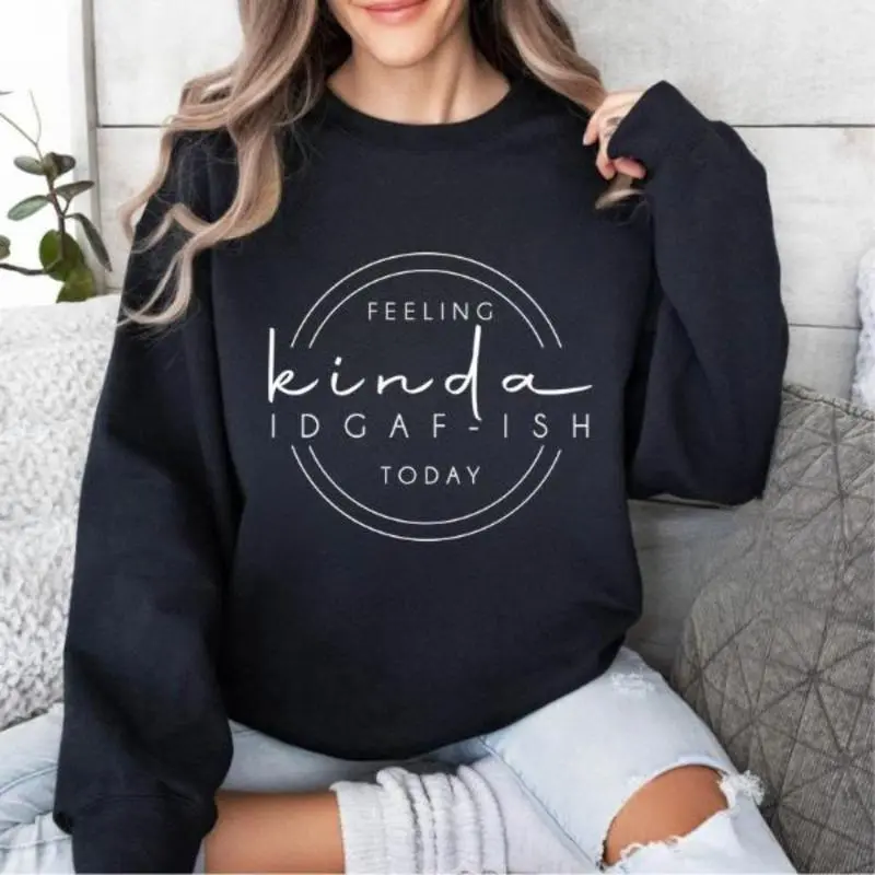 Women's Minimalist Quote Graphic Oversized Cotton Sweatshirt - IDGAF-ISH Circle Slogan, Lightweight Loose Comfort Crewneck, Everyday Neutral Sassy Outfit, Perfect Mother’s Day Gift For Sassy Women