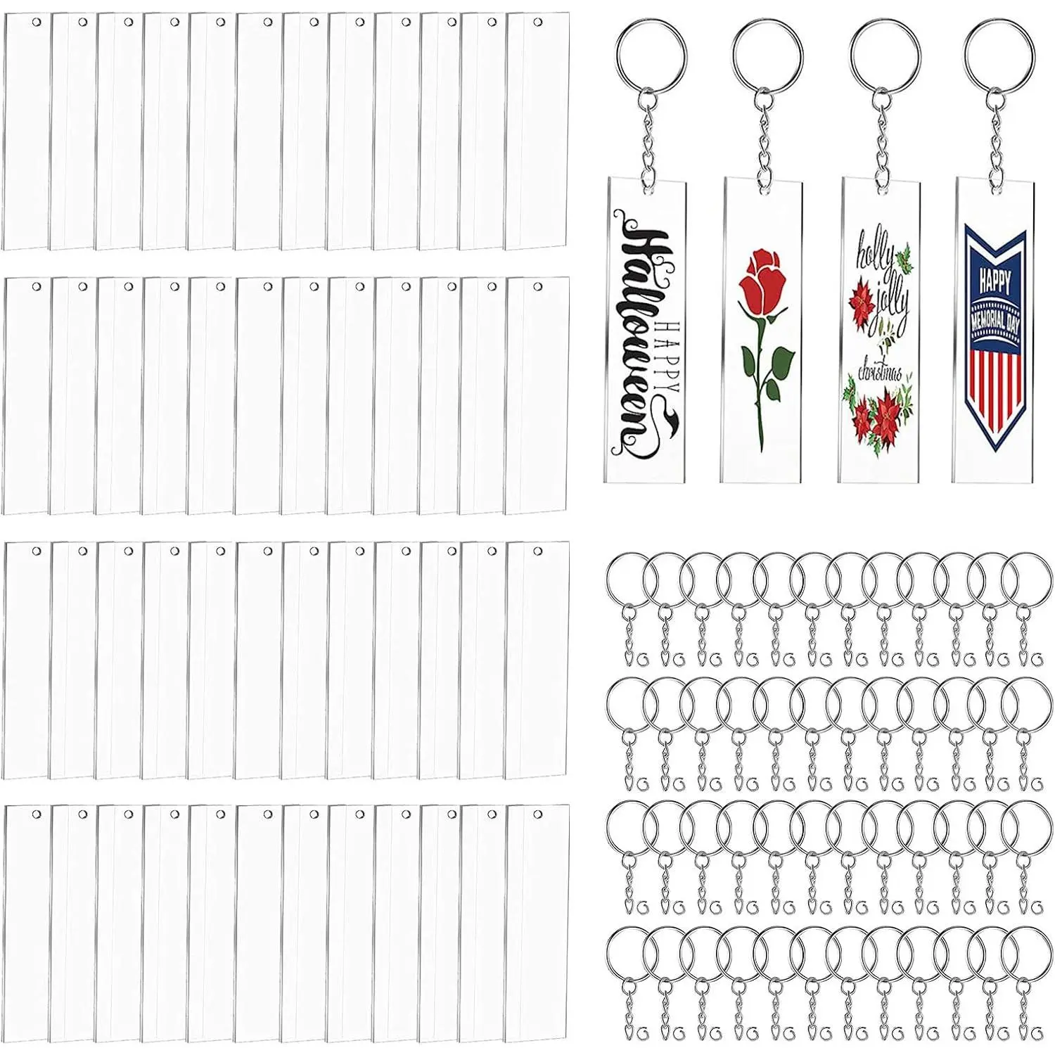 Blanks,48 Sets of Clear Keychains Including Rectangle Clear  Ornament Blanks (2 x 8cm),Key Rings with Chain and Jump Rings for Vinyl Crafting DIY