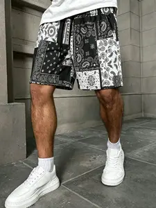Vintage Bohemian Style Boho Coconut Flower Elastic Waist Shorts, Summer Beach Streetwear, Casual Graphic Paisley Pattern, Fitted Design